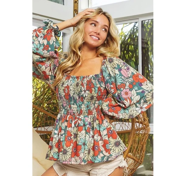 "The Georgia" Mod Floral Puff Sleeve Smocked Peplum Top Small - Picture 4 of 7